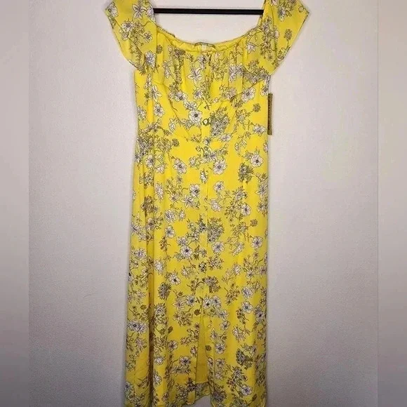 Gianni Bini Aida Floral  Print Off Shoulder Dress Yellow / Ivory Size L NWT - Picture 2 of 15